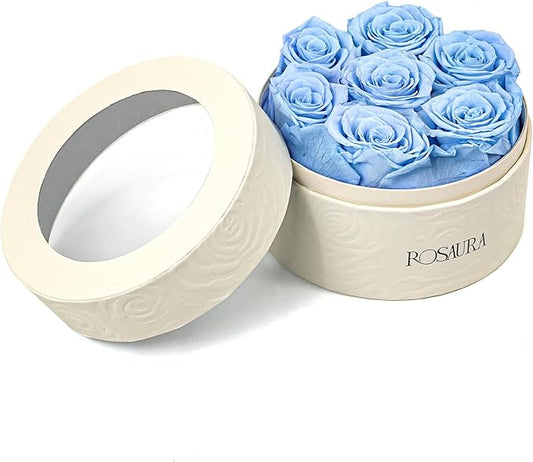 Rosaura Round Preserved Roses Gift Box - Real Forever Flowers for Birthday, Valentine's & Mother's Day (Sky Blue, 7 Roses)