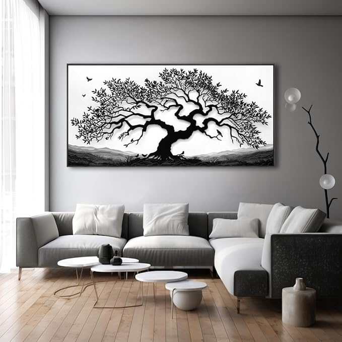 MooMel Wall Art Tree of Life White and Black Abstract Wall Art Canvas Painting for Living Room Bedroom Dining Room Home Office Decor Large Framed Ready to Hang 30"x60"