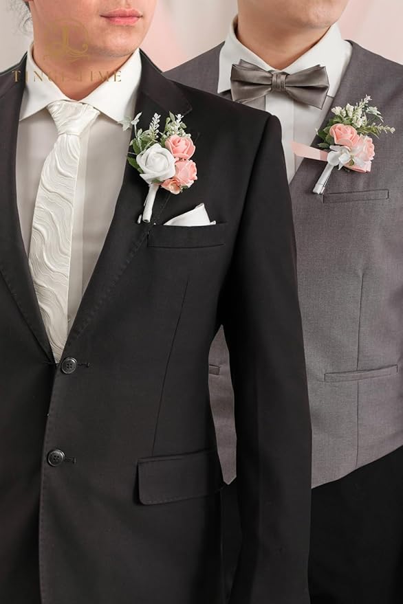 TINGE TIME Boutonniere for Men Wedding,Groom and Best Man Boutonniere for Wedding Ceremony Anniversary, Formal Dinner Party and Rustic Spring Wedding Marriage (10, PeachPink&White)