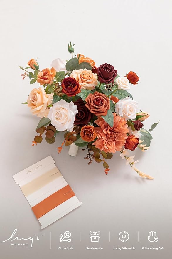 Ling's moment Terracotta Wedding Bouquets for Bride, Burnt Orange Bridal Bouquets for Bride, 15 Inch Free Form Artificial Wedding Flower Bouquet