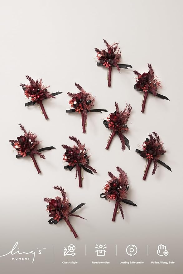Ling's Moment Boutonniere for Men, 10pcs Groomsmen Guest Boutonniere, Artificial Flowers for Wedding Décor/Prom/Homecoming,etc.Black Gothic Burgundy