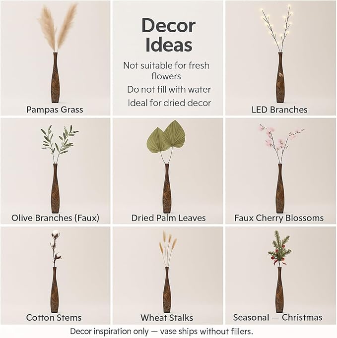 Leewadee Large Brown Light Brown Home Decor Floor Vase – Wooden 34 inches Tall Farmhouse Decor Flower Holder for Fake Plant and Pampas Grass