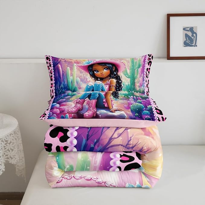 Western Cowgirl Comforter Set Queen Size,Reversible Cute Girl Cactus American Style Bedding Set for Women Adult,African Pink Leopard Print Plaid Black Luxury Bed Duvet Insert, 2 Pillowcases