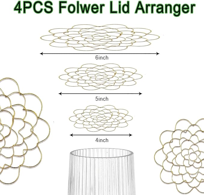 [Upgrade] 4 PCS Floral Grid for Vase, Bold Easy Arranger Flower Grid Frog Wire Flower Arranging Tool, Reusable Stainless Steel Flower Lid Arranger for Vase Floral Stems Bouquets Plant Fixation Gold