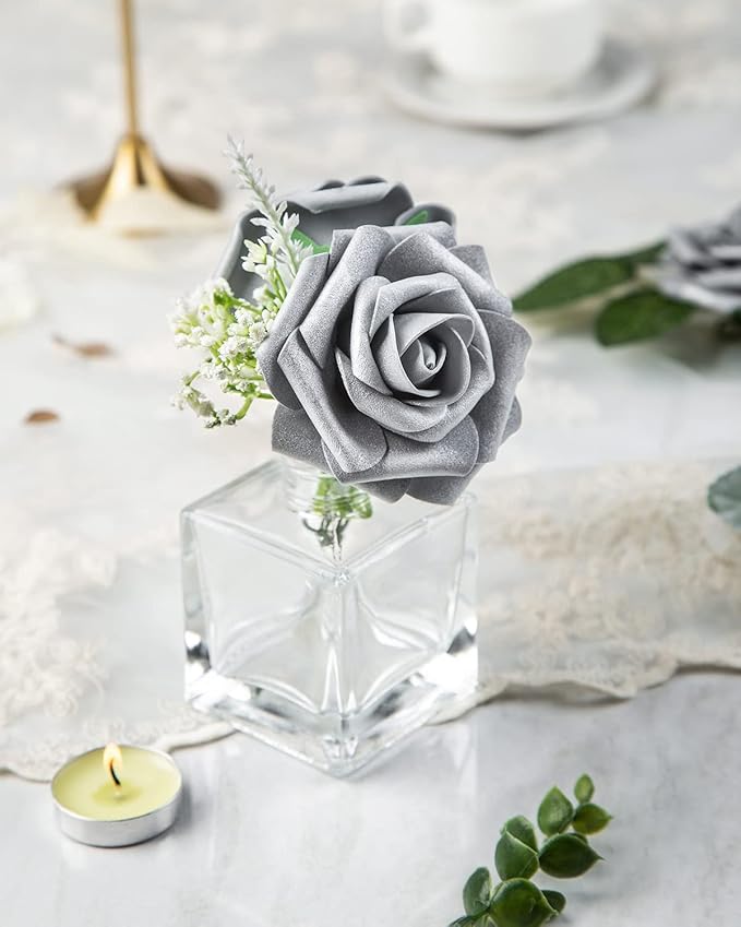 DuHouse 25Pcs Artificial Roses Flowers Fake Roses with Stems Real Touch Foam Flowers for DIY Wedding Bouquet Baby Shower Centerpiece Floral Arrangement Party Home Decor(Silver Grey)
