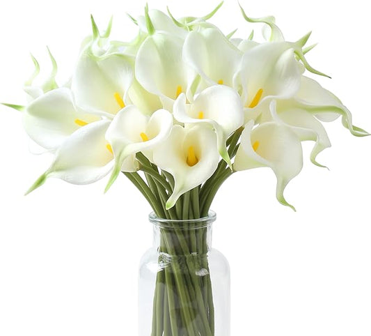 SITUMEIZI 24 PCS White Fake Flowers Artificial Calla Lily Silk Flowers Real Touch for Mother's Day Easter Home Kitchen Decor Wedding Bouquet Office Spring Decoration