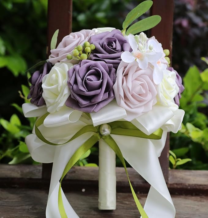 Lightweight Bridal Wedding Bouquet Round Holding Bouquet Throw Toss Artificial Rose Flower Bunch for Bride Bridesmaid Wedding Quinceanera (Cream, Deep Taro & Light Taro, 7.9")