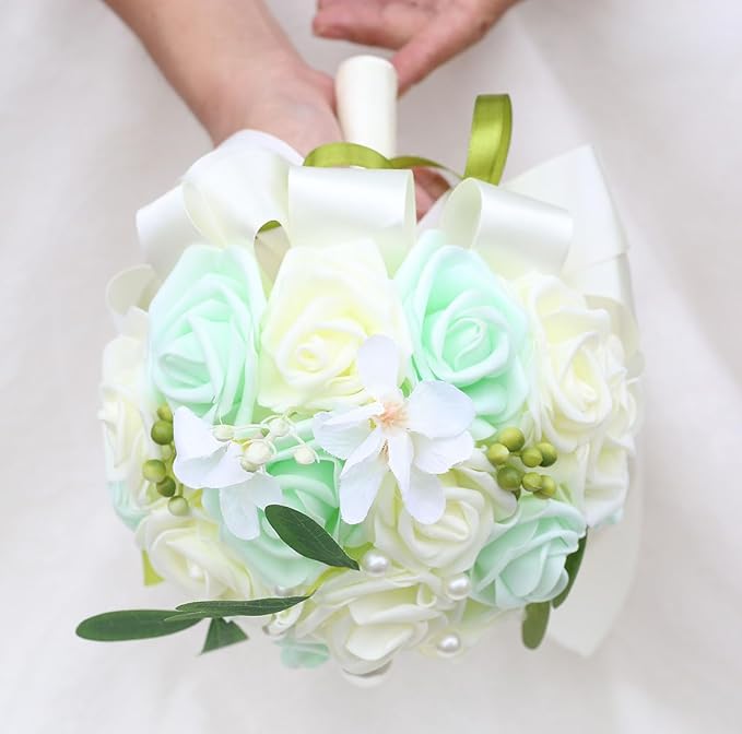 Lightweight Bridal Wedding Bouquet Round Holding Bouquet Throw Toss Artificial Rose Flower Bunch for Bride Bridesmaid Wedding Quinceanera (Cream & Light Cyan, 7.9")