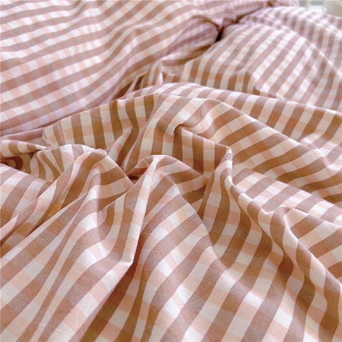 LifeTB Queen Comforter Set Pink Gingham Comforter Vintage Ruffle Blush Plaid Comforter Set 3 Pieces Checkered Grid Bed Comforter with 2 Pillowcases Fluffy Soft Gingham Bedding Set Queen Size