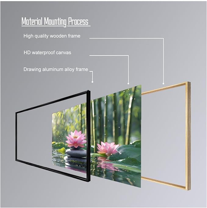 Ethereal pink lotus on obsidian Sunlit bamboo forest with sparkling water drops Poetic nature inspired wall art for tranquil homes and mindful spaces 24x36in Metal blackFramed