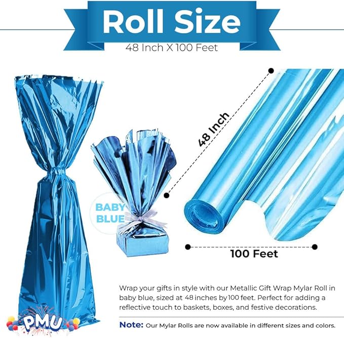 PMU Gift Wrap Mylar Roll Metallic Baby bue 2-sided, 48 Inches X 100 Ft Roll 1.4 Mil Highly Reflective Mylar Film, Great for Gifts, Birthdays, Christmas, Baskets, Arts & Crafts