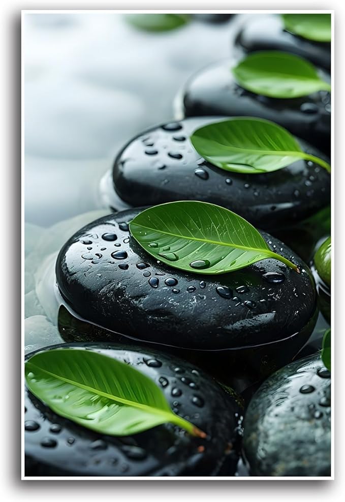 Glittering black stone cluster with fresh green leaves and water drops poster tranquil mist rain wall art zen wall art suitable for modern minimalist home decor 8x12in Frameless