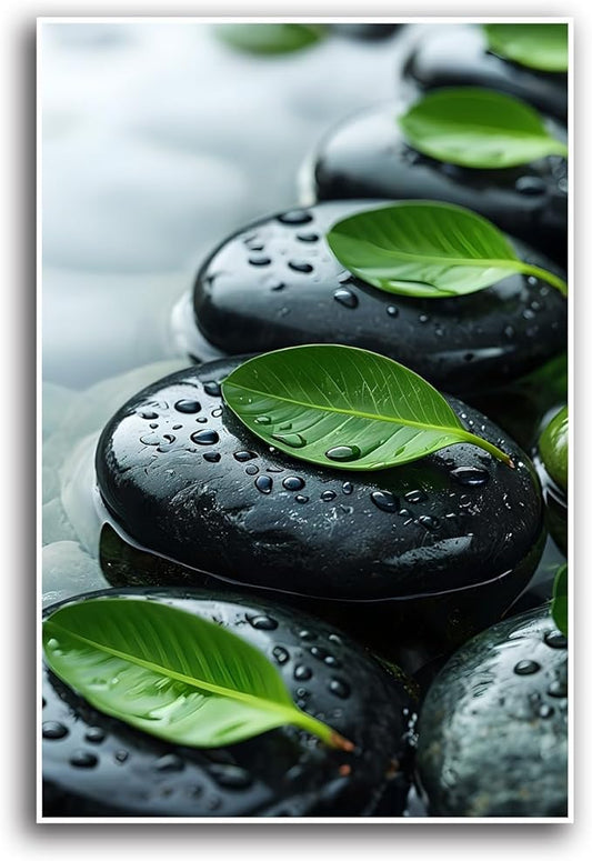 Glittering black stone cluster with fresh green leaves and water drops poster tranquil mist rain wall art zen wall art suitable for modern minimalist home decor 24x36in Frameless