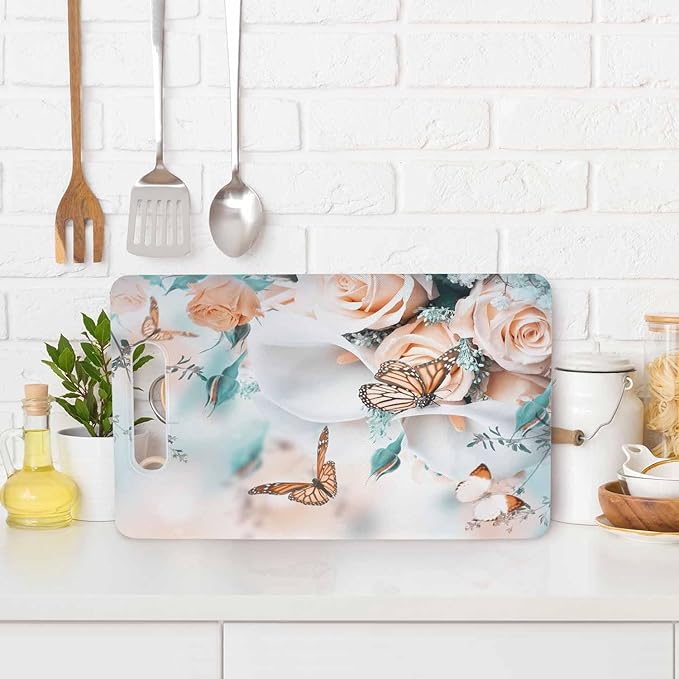 Butterfly Bouquet Cutting Boards Yellow Roses White Calla Lilies Cutting Boards Kitchen Chopping Board with Handles Non Slip Plastic 16 x 10 x 0.24 Inch