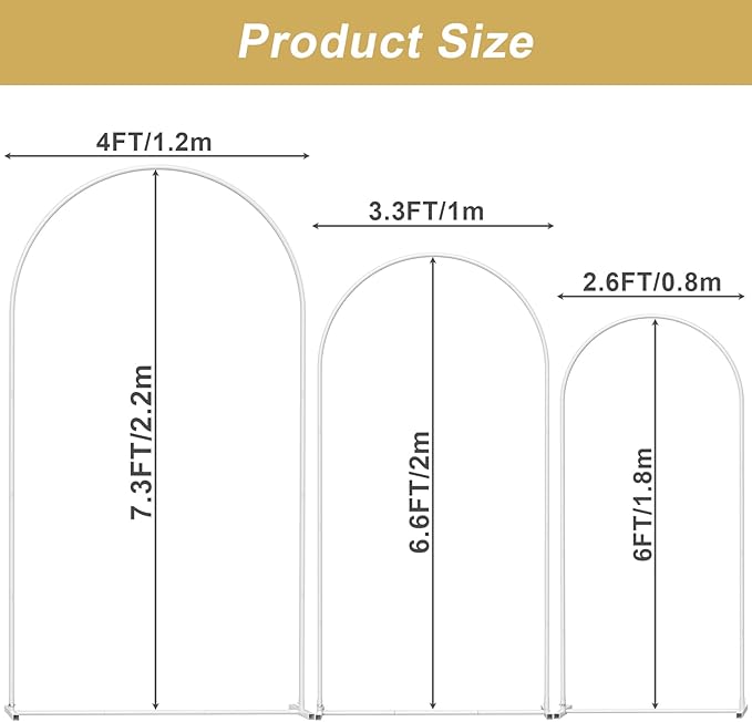 Wedding Arch Backdrop Stand Set of 3(7.3FT/6.6FT/6FT),Metal Balloon Arch for Wedding Ceremony Baby Shower, Outdoor Indoor Birthday Party,Garden Floral Arch Backdrop Stand Decoration, White