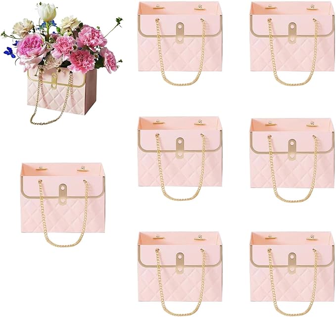 LONG XIN SERIES 8PCS Pink Floral Gift Bags Duty Reusable Paper Gift Boxes Luxury Present Packaging with Handles for Gift Package Wedding Birthday