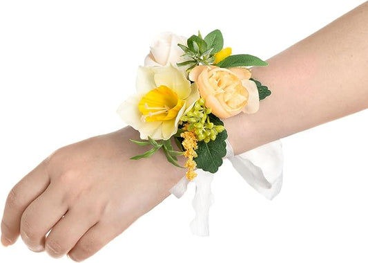 Ling's moment 6pcs Wedding Wrist Corsage Artificial Flowers, Girl/Mother Homecoming Prom Corsages Wristlet Décor, etc. Yellow Blush