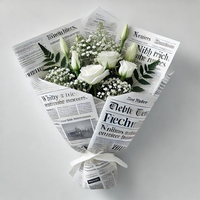 LeZakaa 20 Sheets Kraft Newsprint Flower Wrapping Paper - Reversible Floral Bouquet Paper - White Newsprint Design for Valentine's Day, Mother's Day, Parties, Birthdays, Weddings, Baby Shower