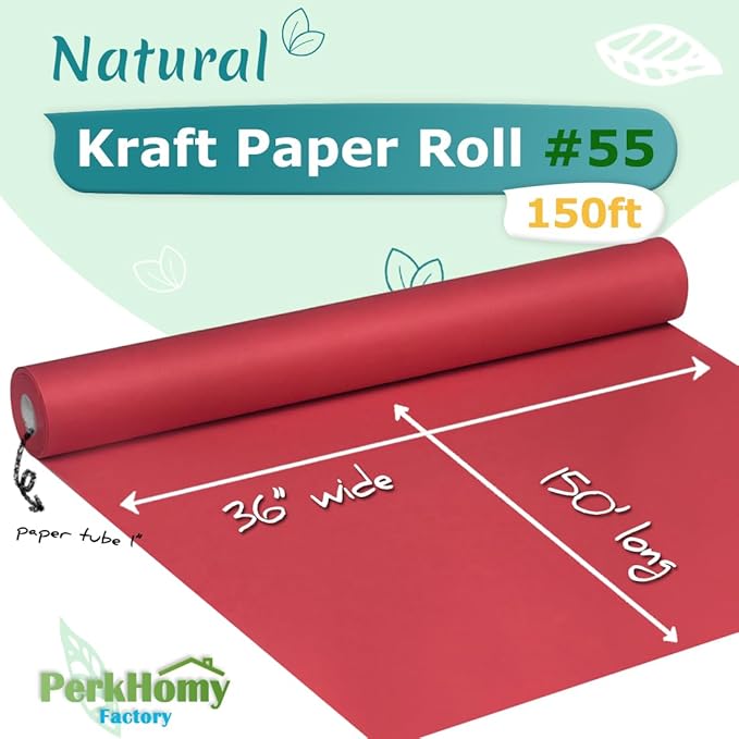 PerkHomy Red Kraft Paper Roll 36" x 1,800" (150') for Gift Wrapping Bouquet Flower Art Painting Craft Writing Packaging Shipping 80GSM 55LB (Red, 36" x 150')
