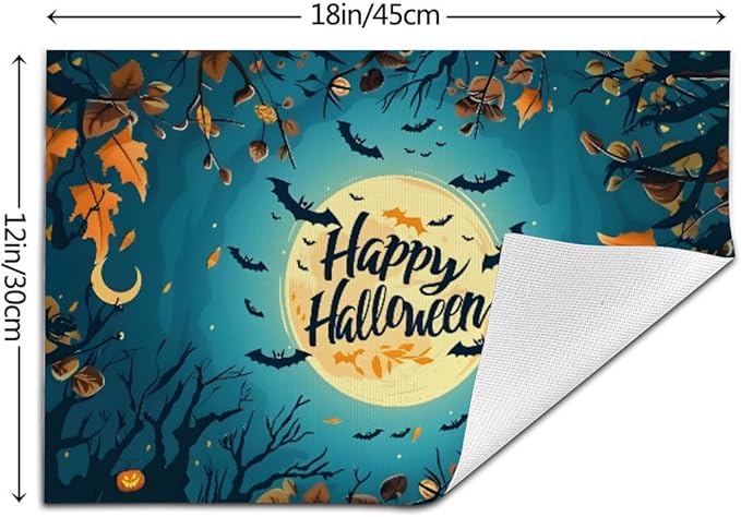 PVC Placemats Set of 4 Wipeable Table Mats Washable Heat Resistant Non Slip Vinyl Dining Table Mat for Kitchen Indoor Outdoor Patio Farmhouse Place Mats Halloween Bat Maple Decorative