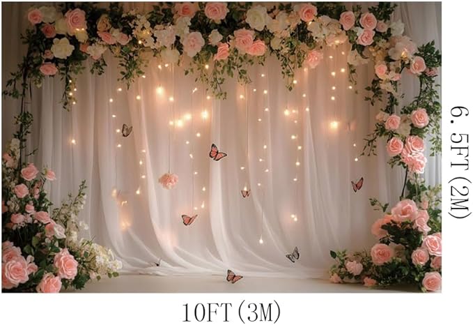 10x6.5ft Pink White Rose Flowers Wedding Backdrop White Curtain Glitter Light Butterfly Decoration Photography Background Children Baby Shower Birthday Party Backdrop for Video Studio Prop