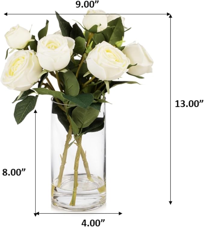 ENOVA FLORAL 9 Heads Silk Rose Artificial Flowers in Vase,Faux Rose Flowers Arrangement in Vase with Faux Water for Table Decor Centerpieces (Cream)