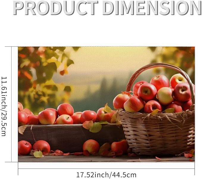 Fall Fruit Apple Placemats Set of 6 PVC Vinyl Non Slip Table Mats Waterproof Heat Resistant Place Mats Washable Wipeable Dining Table Mat for Kitchen Party Farmhouse Indoor Outdoor Decorative