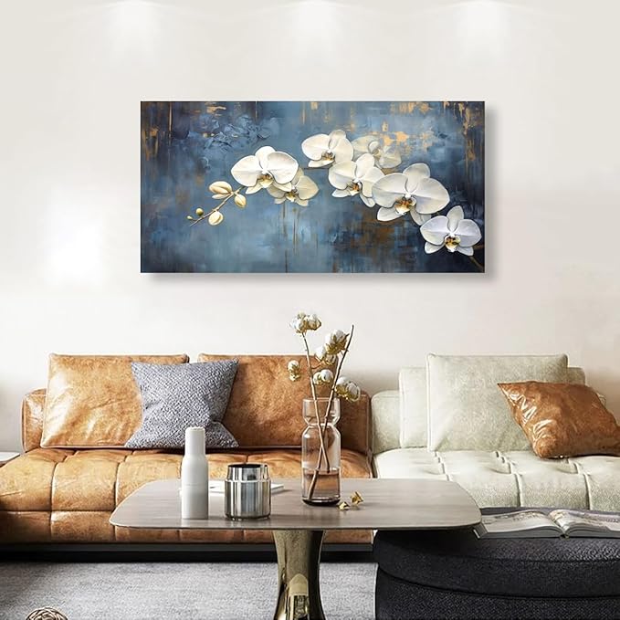 Abstract White Butterfly Orchid Canvas Wall Art for Living room Office Bedroom Flowers Wall Art Print Oil Paintings Modern Blue Gold Rain Mist Pictures Wall Decor Artwork Ready to Hang - 70in * 35inch