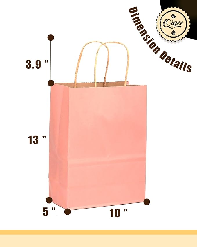 qiqee Large Kraft Paper Bags with Handles 13"x10"x5" 32 pcs Gift Paper Bag Bright Pink Solid Color Bags（Large Size）