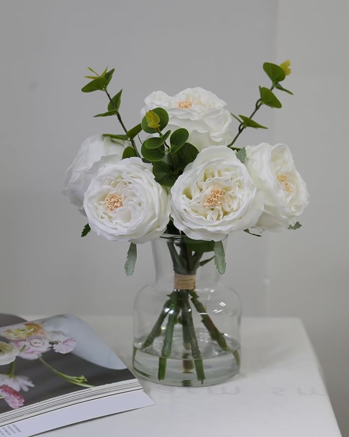Artificial Flowers in vase, Vivid Faux Rose Flowers Arrangements, Austin Rose Centerpieces for Tables, Flower Ornaments and Flower Arts for Living Room (White)