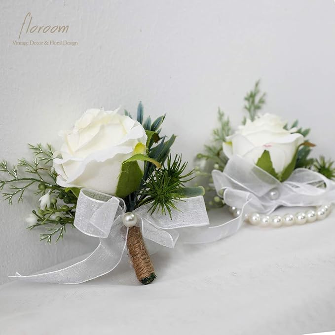 Floroom Ivory Rose Wrist Corsage Wristlet Band Bracelet and Men Boutonniere Set for White Wedding Flower Accessories Prom Suit Decorations