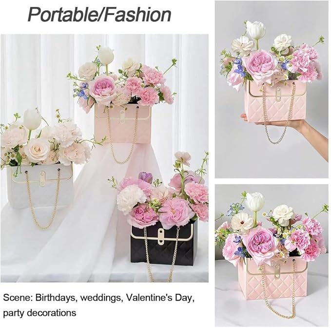 NADUSEP 4 PCS Flower Paper Gift Bag, Bouquet Storage Bucket Florist Handbag with Metal Chain, Wedding Gift Wrap Bag Flower Boxes for Graduation Wedding Valentine's Day Mother's Day Birthday Festivals Party Bridal Shower Anniversary Thanksgiving Christmas