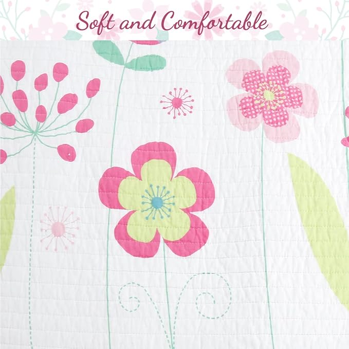 Cozy Line Home Fashions Pink Lavender Green Floral Print Girl 100% Cotton Reversible Quilt Bedding Set, Coverlet, Bedspread (Blossom, Queen - 3 Piece)