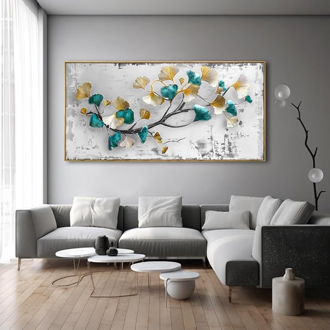 Wall Art Ginkgo Leaf Modern Botanical Artwork Canvas Painting for Living Room Bedroom Dining Room Home Office Decor 20"x40" with Framed