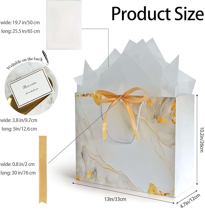 White Gold Gift Bags, 2PCS 13” Large Gift Bags with Tissue Paper and Greeting Cards, Gift Bag with Handles Bow for Women Girls, White Gift Bags for Birthday Wedding Bridal Baby Shower Anniversaries