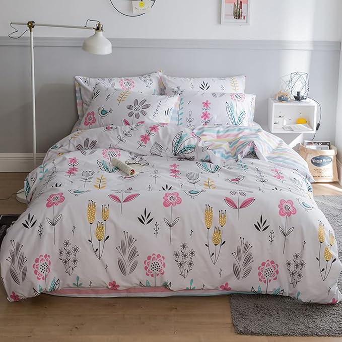 HighBuy Floral Duvet Cover Twin Bedding Set 3 Piece White Bedding Sets Cotton Garden Boho Aesthetic Comforter Cover for Boys Girls Kids Reversible Striped Bedroom Collections,Style03