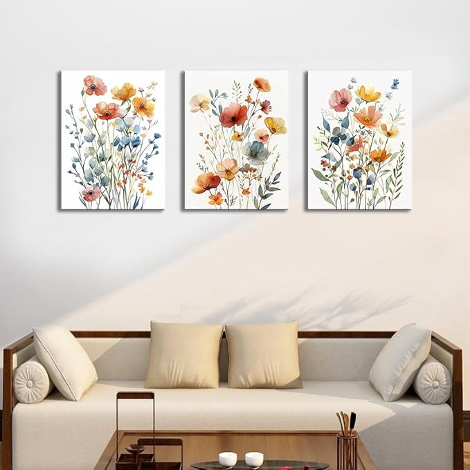 Watercolor Flowers Bathroom Canvas Wall Art, Colorful Wildflower Wall Decor Poster Prints Botanical Artwork for Living Room Bedroom Bathroom Farmhouse Decor 16x24x3pcs