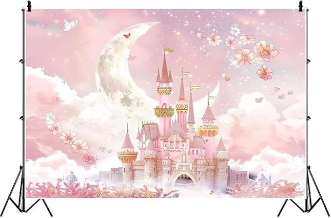 AOFOTO 5x3ft Princess Pink Castle Backdrop Floral Castle Backdrop for Photography Moon Clouds Flowers Fantasy Fairy Tale Party Decoration Banner Girls Newborn Baby Shower Birthday Photoshoot Props