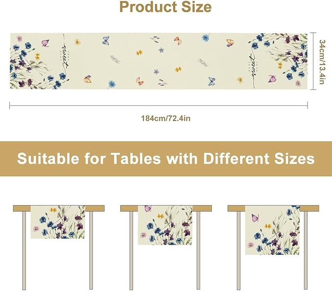 Blue Floral Table Runner, Spring Summer Watercolor Wildflower Butterfly Country Farmhouse Coffee Table Center Decor for Home Kitchen Dining Patio Holiday Party Table Decorations 13x90 inches