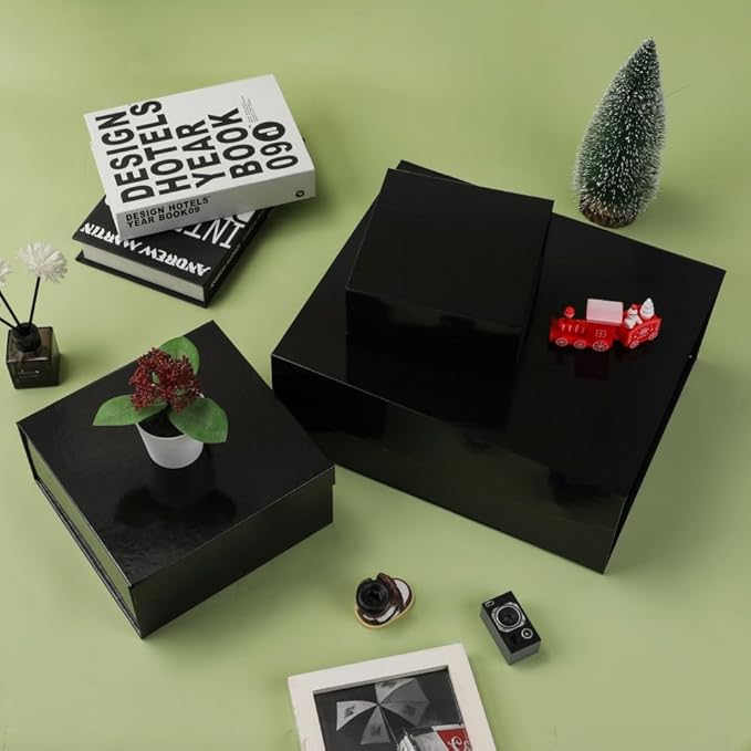 1 Pcs Small Black Gift Box 8x8x4 Inch Magnetic Gift Box with Crinkle Paper Luxury Gift Boxes with Lids for Presents