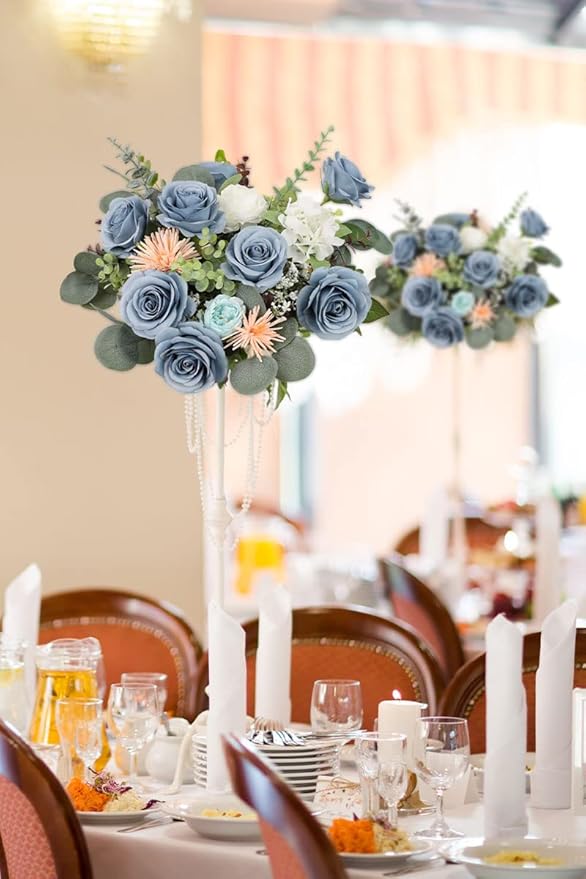 12pcs Roses Artificial Flowers Dusty Blue Silk Roses with Long Stems Fake Flowers for Wedding Bouquet Centerpices Decorations Party Bridal Baby Shower Home Decor
