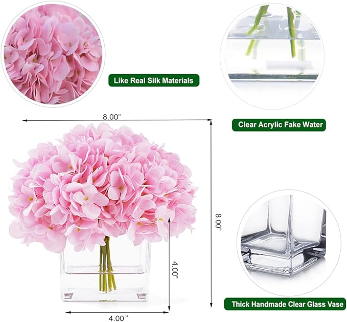 Artificial Hydrangea Flowers in Vase, Silk Floral Arrangement in Vase with Faux Water for Home Decor Indoor, Room Table (Pink)