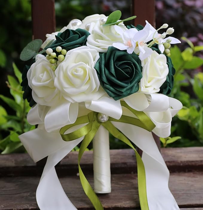 Lightweight Bridal Wedding Bouquet Round Holding Bouquet Throw Toss Artificial Rose Flower Bunch for Bride Bridesmaid Wedding Quinceanera (Cream & Dark Green, 9.1")