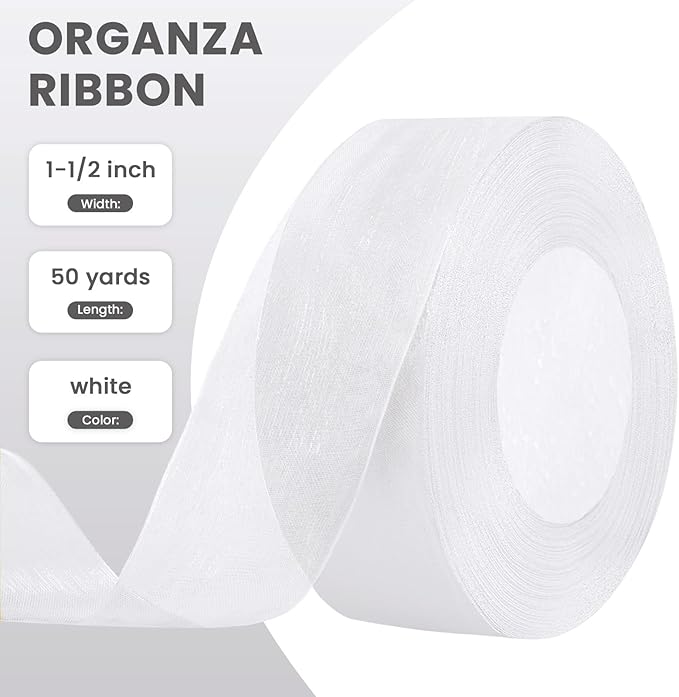 1-1/2 Inch White Sheer Organza Ribbon for Bow Making, Gift Wrapping, Christmas Decoration, 50 Yards/Roll
