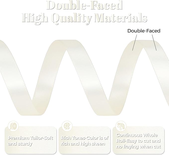 Ivory Satin Ribbon, Double Faced 3/8 Inch X 25 Yards Ivory Ribbon, Premium Satin Ribbon for Gift Wrapping, Crafts, Hair Bow Making, Sewing, Flower Bouquet, Wedding Party Decor