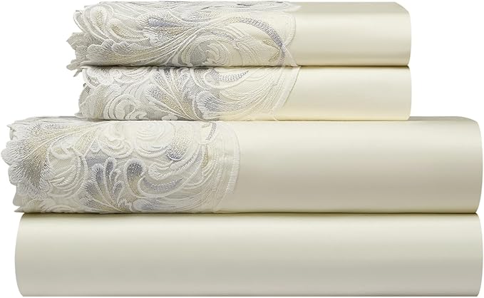 mixinni Luxury Satin Duvet Cover Set with Embroidery Lace, Silky Soft Bedding Set (1 Duvet Cover + 2 Pillowcases), Cream White - Elegant Bedroom Comforter Cover, Vintage Royal Style-Full Size