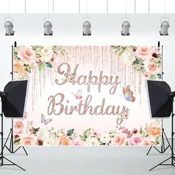 ChloropLastid 6x4ft Pink Floral Birthday Backdrop Rose Gold Glitter Flower Blossom Butterflies Happy Birthday Photography Background for Girls Princess Bday Party Decorations Banner Photo Props