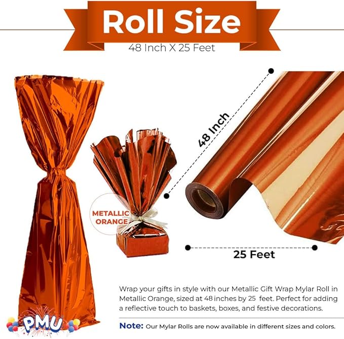PMU Gift Wrap Mylar Roll Metallic Orange 2-sided, 48 Inches X 25 Ft Roll 1.4 Mil Highly Reflective Mylar Film, Great for Gifts, Birthdays, Christmas, Baskets, Arts & Crafts