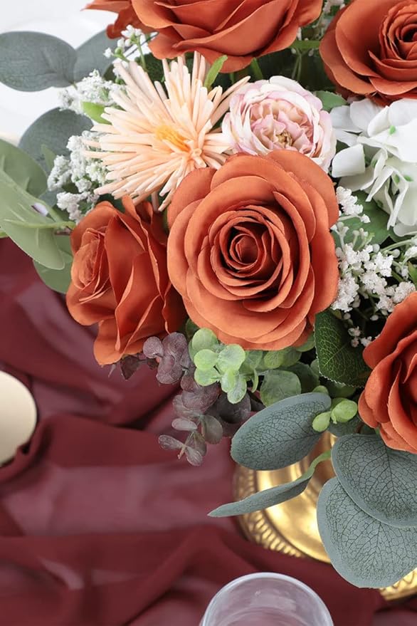 12pcs Roses Artificial Flowers Burnt Orange Fake Roses Flowers with Long Stems Silk Flowers for Wedding Bouquet Centerpices Decorations Party Bridal Baby Shower Home Decor
