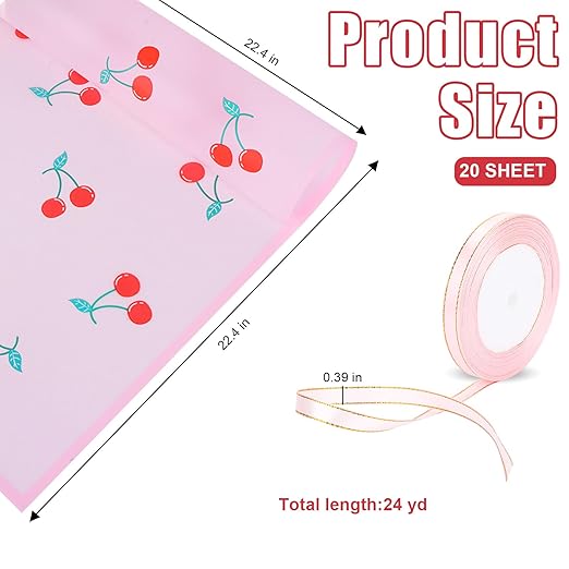 20 Sheets Bouquet Wrapping Paper, 22.4Inch Pink Cherry Pattern Flower Floral Wrapping Pink Floral Paper for Bouquets Kit, Waterproof Decorations with Ribbon for DIY Crafts Wedding Birthday Party